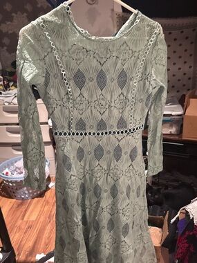 Long-Sleeve Lace Midi Dress in Sage Green
